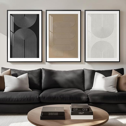 Large Framed Boho Neutral Abstract Wall Art, 3 Piece Modern Art Prints Paintings Artwork for Walls, Minimalist Black White Brown Geometric Pictures for Living Room, Dining Room, Bedroom Wall Decor