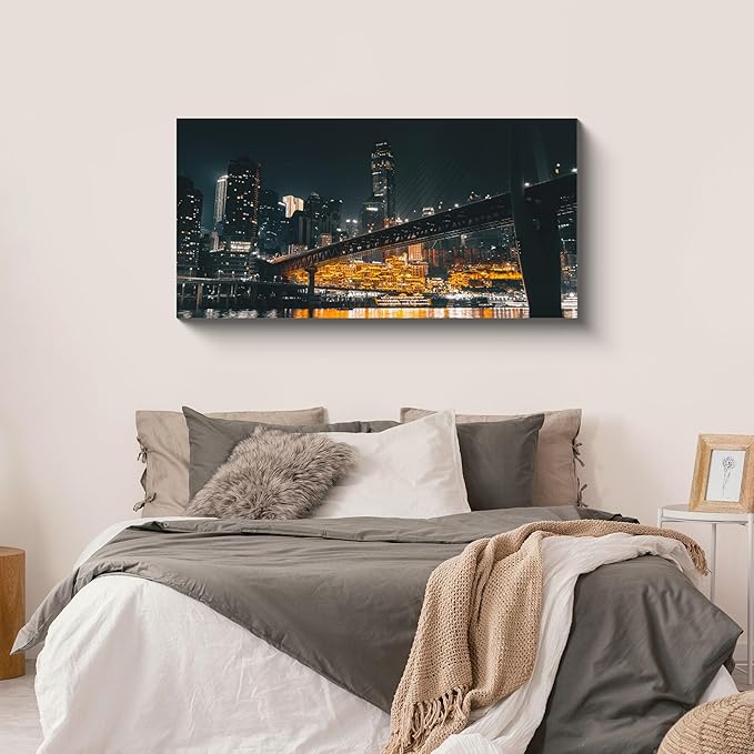 NAN Wind 1PCS Chongqing City Nightscape Canvas Wall Art Illuminated Chinese Skyline with Bridge Skyscrapers Modern Urban Landscape Photography Print for Living Room Office Bedroom Decor