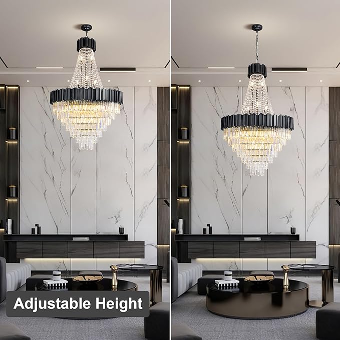 54" Long Crystal Chandelier for High Ceilings, 21-Light Modern Black Large Chandeliers for Staircase, Foyer, Entryway, Living Room, Hallway, Luxury Top K9 Crystal Tiered Ceiling Light Fixture