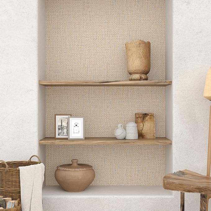 Beige Grasscloth Peel and Stick Wallpaper Prepasted Faux Grass Cloth Textured Wallpaper 15.7"x160" Removable Woven Linen Vinyl Wrap Waterproof Beige Contact Paper for Walls Living Room Shelf