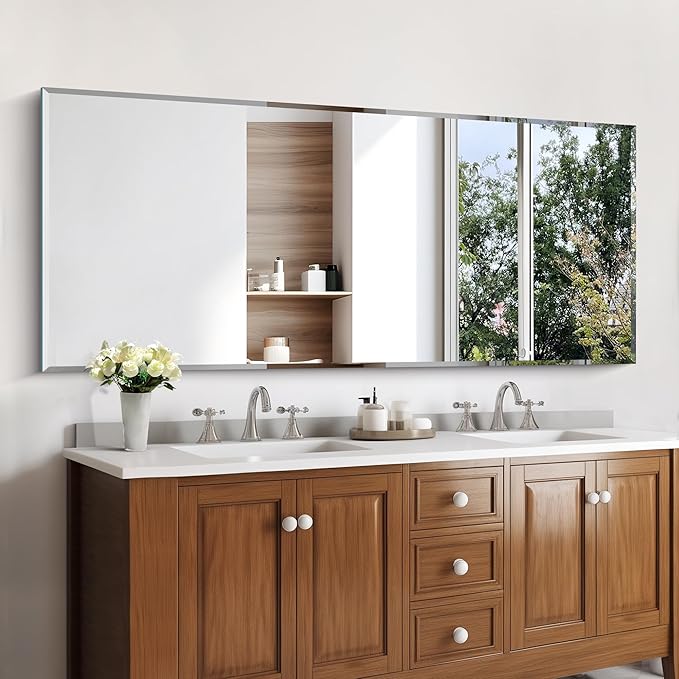 KOCUUY Beveled Mirror, 60x24 Inch Large Frameless Bathroom Mirror for Over Sink, Upgraded Shatterproof Beveled Unframed Design Mirror for Bathroom, Bedroom, Hang Horizontal/Vertical