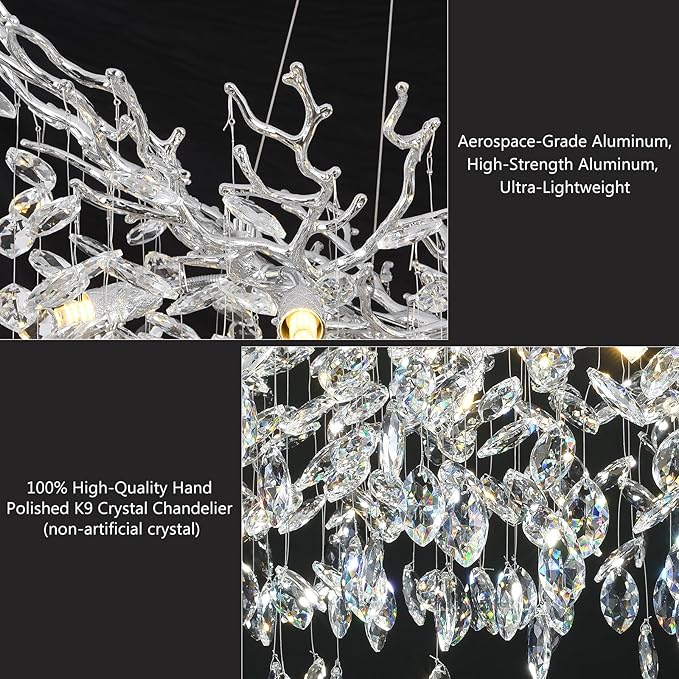36inch Crystal Rectangle Chandelier for Dining Room, Silver Tree Branch Chandeliers Over Table, Top K9 Crystal Modern Chandeliers for Dining Table,Kitchen Island,Luxury Rectangular Chandelier