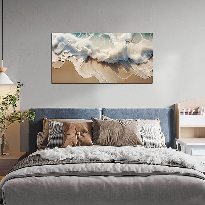 Ocean Waves Canvas Wall Art for Living Room, Beach Scenery View Home Decor Picture, Sea Waves Canvas Wall-Decoration, Seaside Scene Decorative Print Artwork for Office Bedroom, Size 48x24 Inches