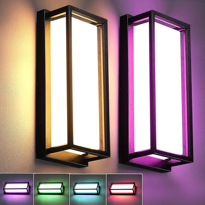 LED RGBCW Outdoor Wall Light Fixtures, 2 Pack Modern Wall Sconces, Color Changing Smart Exterior Lights, IP65 Waterproof Outdoor Porch Lights for House Front Door Garage