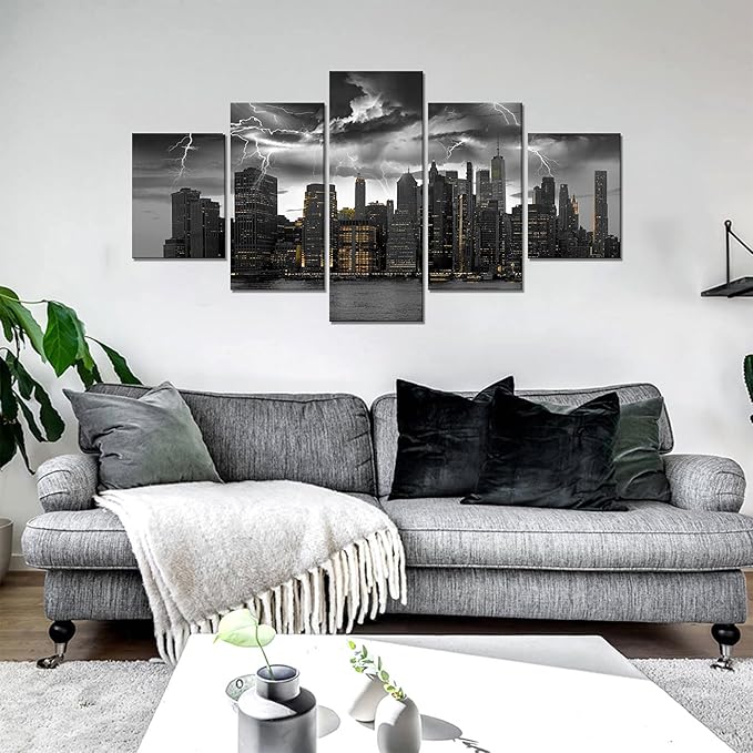 Cawpom Black and White New York Skyline Wall Art Manhattan Storm Cityscape Wall Decor Picture Canvas Print Nature Lightning Strikes Painting Poster Frame Home Living Room Decoration(60x32 inches)