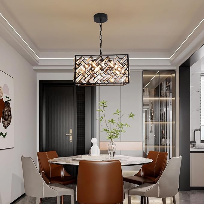 Modern Crystal Chandelier, 6-Light Black Chandeliers for Dining Room with Adjustable Chain, 51 Inch Ceiling Light Fixture for Bedroom, Foyer (Bulbs Not Included)