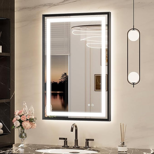 Keonjinn 24 x 36 Inch Black Bathroom Mirror with LED Lights, Frontlit & Backlit Bathroom Vanity Mirror, Shatter-Proof Tempered Glass, UL Listed LED Driver, Beveled Framed, 3 Color Lights, Anti-Fog