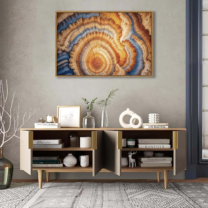BingruiArt Large Framed Tree Ring Wall Art Wood Canvas Colorful Boho Wall Decor Rustic Artwork Abstract Painting Farmhouse Picture Nature Print for Living Room Bedroom Bathroom 24"x36" Natural Framed(09)
