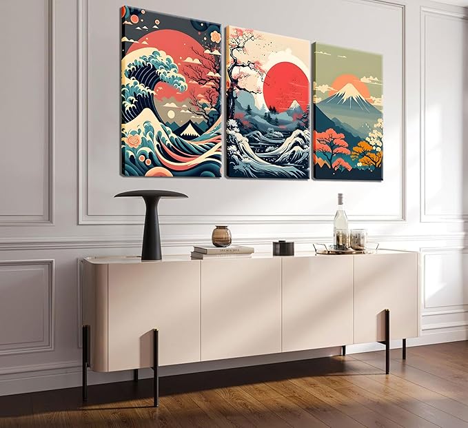 3Pcs Japanese Wall Art Japanese Fuji Wall Decor Asian Nature Landscape Posters Pictures Kanagawa Giant Wave Canvas Prints Cherry Blossom Lake Painting for Living Room Bedroom Office Framed