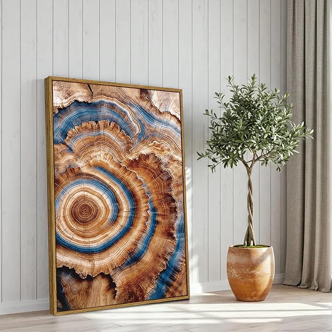 BingruiArt Large Framed Tree Ring Wall Art Wood Canvas Colorful Boho Wall Decor Rustic Artwork Abstract Painting Farmhouse Picture Nature Print for Living Room Bedroom Bathroom 24"x36" Natural Framed(10)