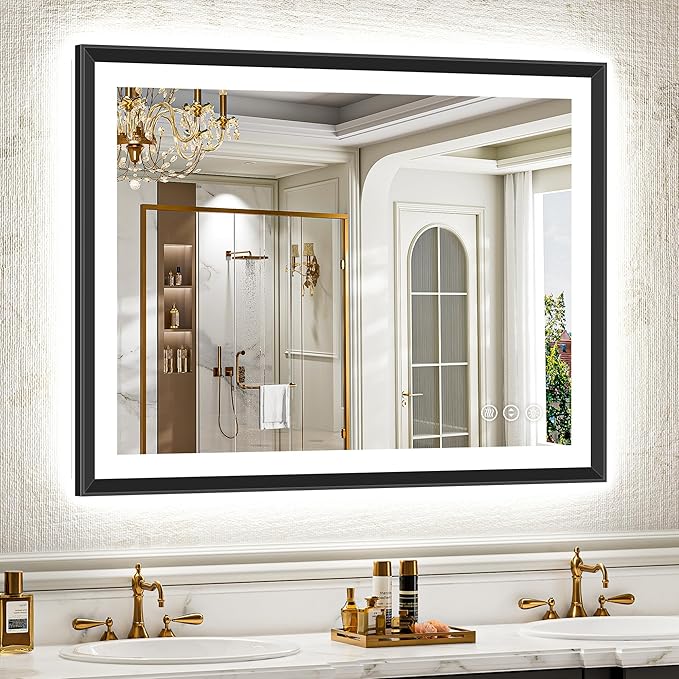 40x30 Black Framed Led Bathroom Mirror with Lights, Front Lit and Backlit, Lighted Vanity Mirror for Bathroom Wall, Anti-Fog, Dimmable, 3 Colors, Memory, HD Tempered Glass