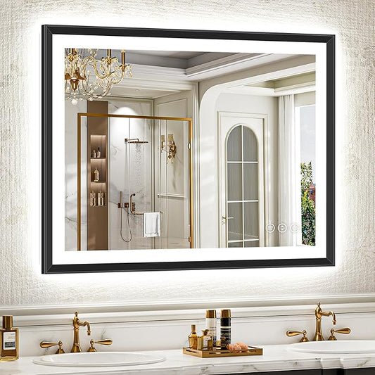 40x30 Black Framed Led Bathroom Mirror with Lights, Front Lit and Backlit, Lighted Vanity Mirror for Bathroom Wall, Anti-Fog, Dimmable, 3 Colors, Memory, HD Tempered Glass