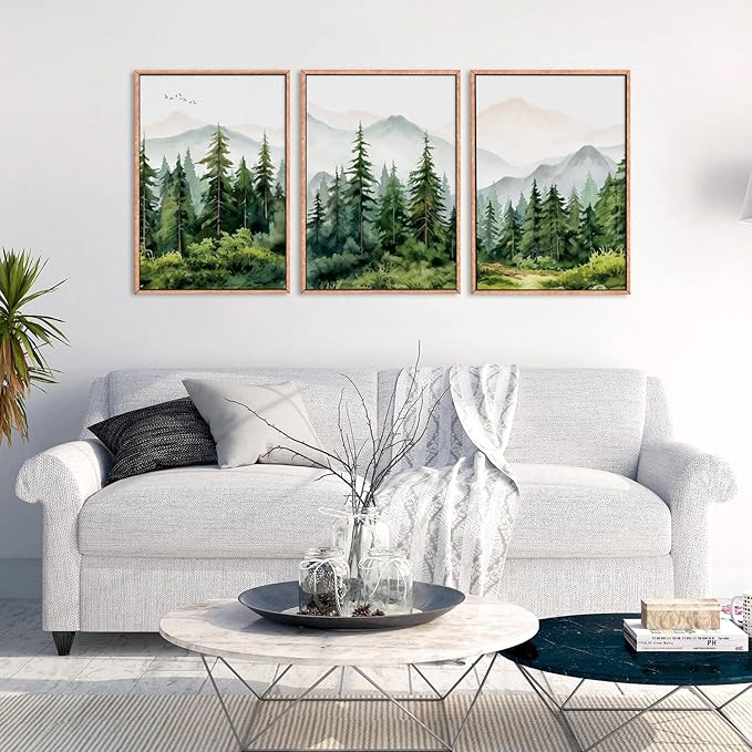 Ausril Watercolor Mountain Range Framed Canvas Wall Art Set, Green Forest Tree Wall Decor, Woodland Nursery Wall Painting, Modern Wilderness Art Print for Living Room, Bedroom, Office-16 x24 x3