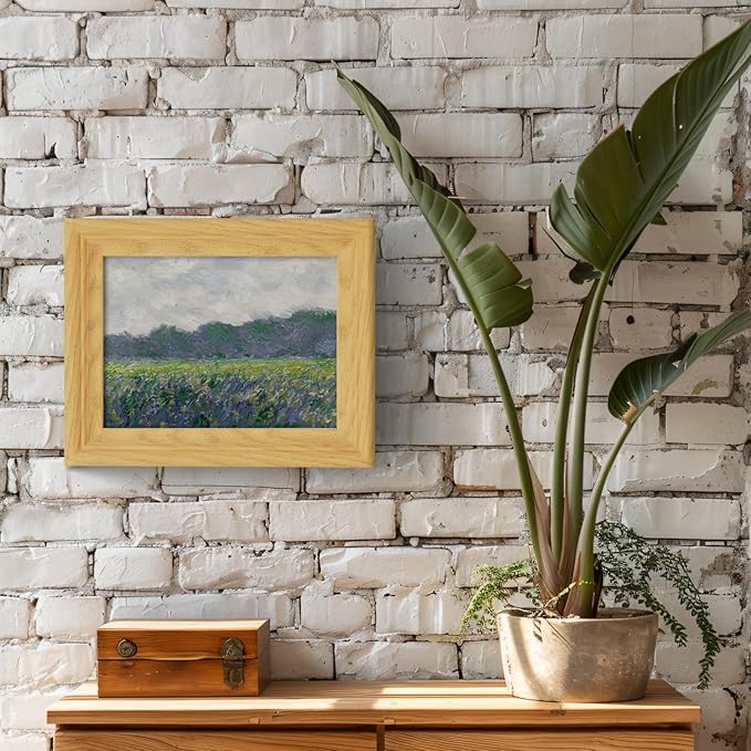 Brivoria Framed Canvas Wall Art Vintage Decor, Impressionist Field Scene with Yellow Irises Purple Wildflowers and Cloudy Sky for Kitchen Entryway Shelf Display or Tabletop Decoration, 8"x10"