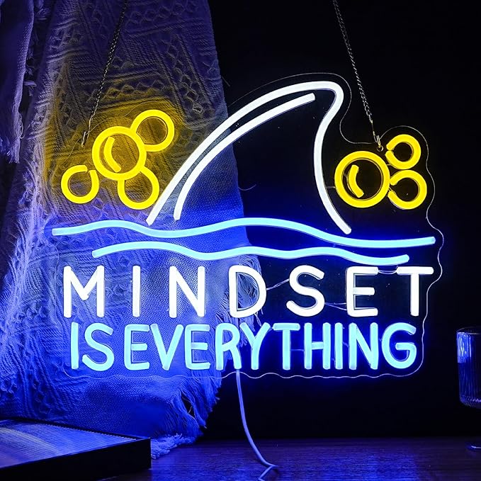 Mindset is Everything Neon Sign Led Fish Shark Neon Light Up Sign Dimmable Inspirational Neon Wall Decor sign for Classroom Office Bedroom School 16.5 * 12.6 IN