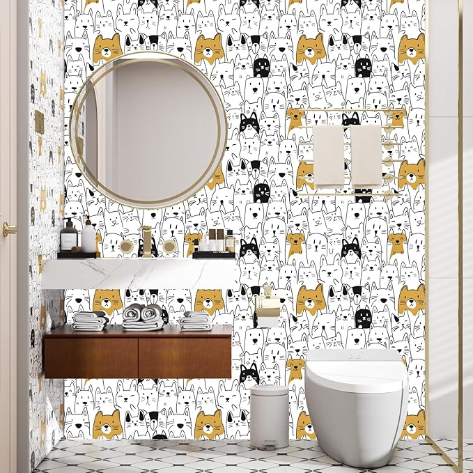 Cats Peel and Stick Wallpaper Boho White Contact Paper Cute Animal Removable Self Adhesive Waterproof Wall Paper for Cabinet Drawers Wall Decor Renter Friendly 17.5''x118''