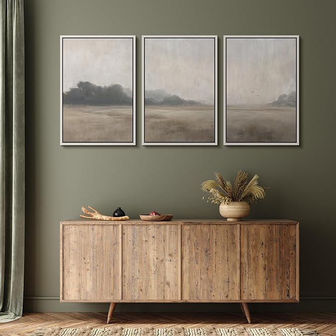 MUDECOR Framed Wall Art Print Set Serene MeadowTranquil Landscape with Foggy Fields and Distant Trees Illustrations Realism Decorative for Living Room, Bedroom, Office - 24"x36"x3 White