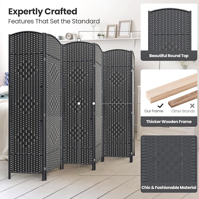 6 Panel Room Divider,6Ft Folding Privacy Screen,Tall - Extra Wide Foldable Panel Partition Wall Divider with Diamond Double-Weaved Hand-Woven Design Room Screen Divider