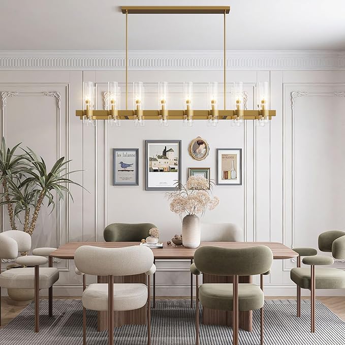 Brass Rectangle Kitchen Island Lights, Farmhouse Linear Rectangular Chandelier with Glass Shades, 16 Lights Gold Lighting Fixtures Industrial Pendant Light for Dining Room Over Table
