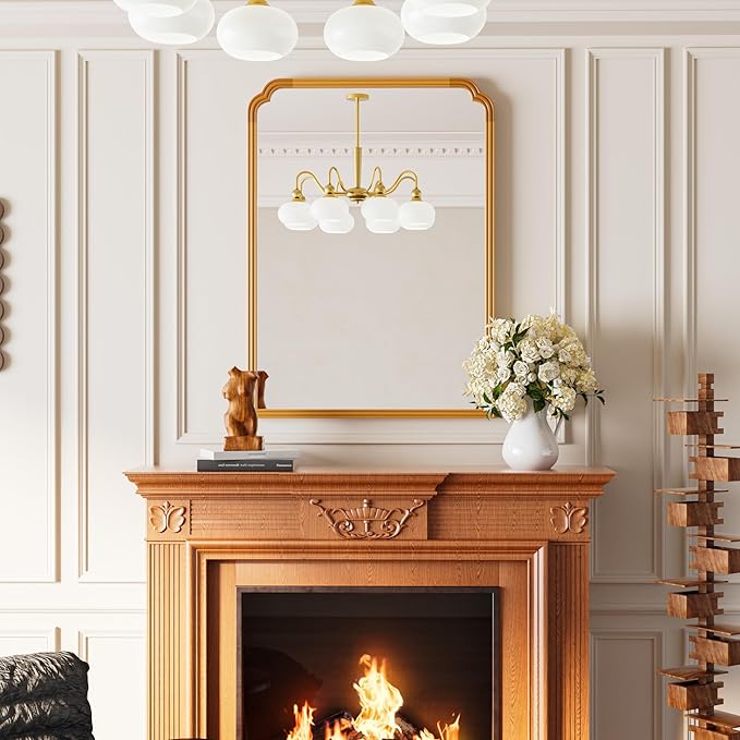 30" x 40" Wood Bathroom Mirror for Over Sink, Rustic Rounded Corner Vanity Mirror for Entryway, Living Room or Bedroom Home Decorative [Natural Color]