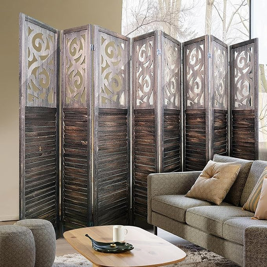 8 Panel Room Divider 5.6FT Wood Carved Room Dividers, Folding Privacy Screens Portable Freestanding Partition Wall Dividers for Bedroom, Office, Rustic Brown
