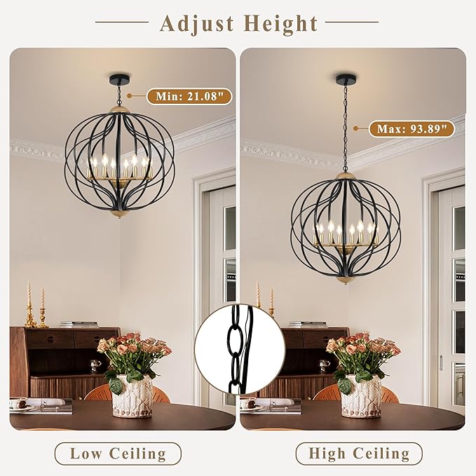 Black and Gold Chandeliers for Dining Room,25.6" Large Sphere Chandelier,8-Light Geometric Modern Farmhouse Pendant Light Orb Metal Industrial Chandelier for Foyer Entryway Stairway Living Room