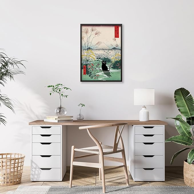Black Framed Canvas Wall Art Posters Funny Japanese Black Cat Poster Modern Ukiyo-e Decor Picture for Home Bedroom Dorm Wall Decorations 16x20in