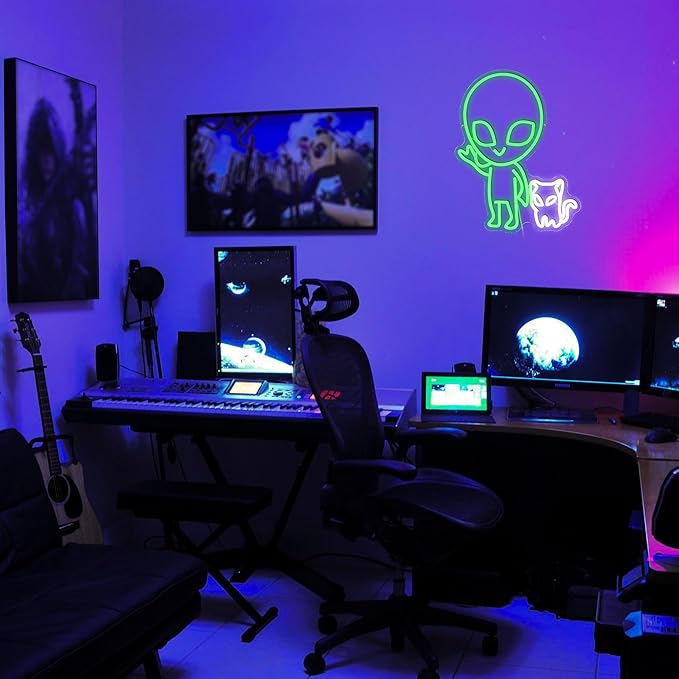 Alien Cat Neon Sign Dimmable Weird Alien Neon Light Wall Decor 5V USB Powered Cute Cat LED Light Sign for Bedroom Living Room Game Room Man Cave Bar Party Cafe Boys Girls Gift(16.5 * 12.6In)