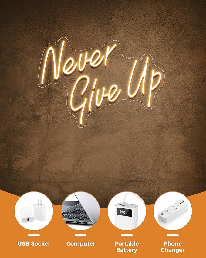 NEVER GIVE UPLED Neon Sign for Wall Decor,Neon Lights Party Decorations, USB Powered Switch Neon Lights lighting adjustable for Office Room, Gym Room, Man Cave, Gamer Room