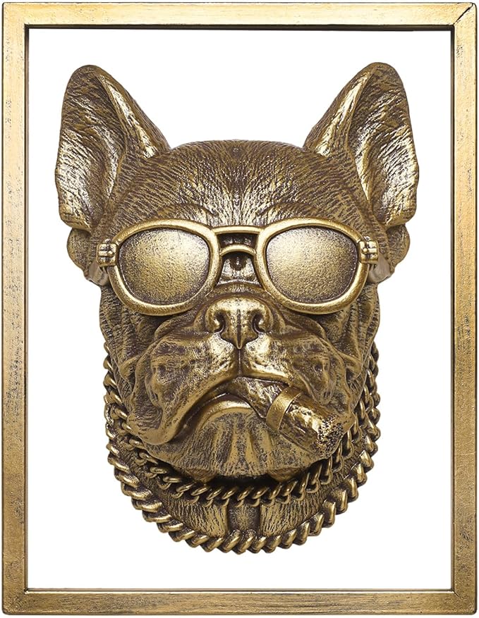 Animal Heads Wall Decor (Includes Metal Frame) Resin Animals Sculptures Head Wall Hanging Decoration Gold vintage Wall Sculpture for Living Room Bedroom Office(Bulldog)