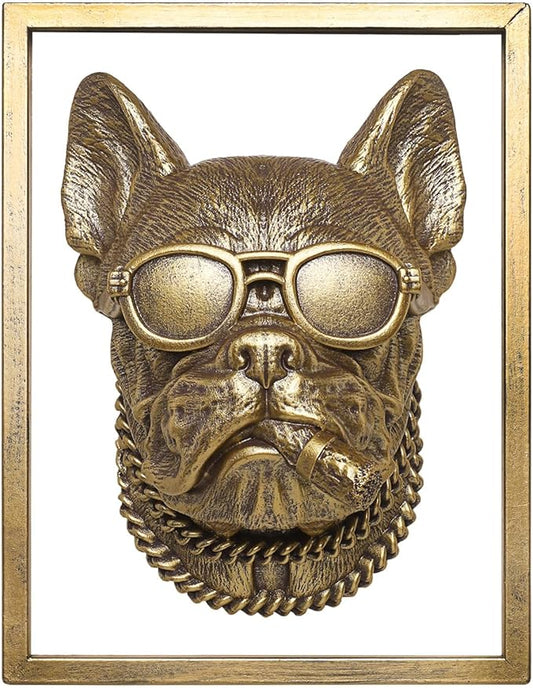 Animal Heads Wall Decor (Includes Metal Frame) Resin Animals Sculptures Head Wall Hanging Decoration Gold vintage Wall Sculpture for Living Room Bedroom Office(Bulldog)