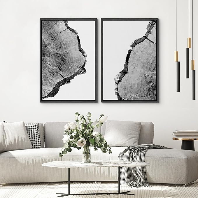 SIGNWIN Framed Wall Art Print Set Black & White Close Up Tree Ring Details Nature Wilderness Photography Modern Art Rustic Relax/Calm Multicolor for Living Room, Bedroom, Office - 16"x24"x2 Black