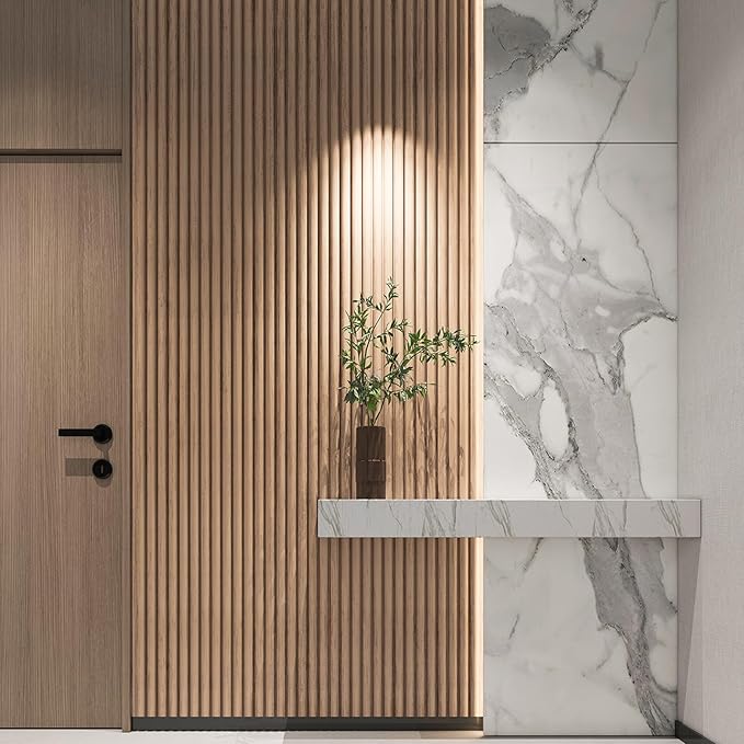 Art3d Fluted Wood Panel for Wall and Ceiling, Beaded Accent molding for Home Decoration, Pack of 4pcs + 1pc End-Trim, Size 108 x 5.7in.- Beaded Ashtree