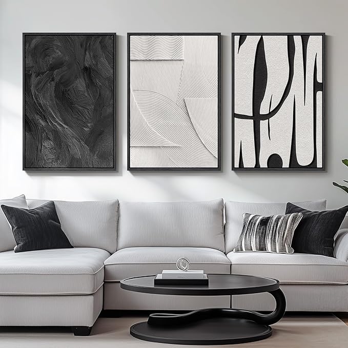 Large 3D Textured Framed Black and White Abstract Wall Art for Living Room, 3 Piece Modern Artwork for Walls, Minimalist Black White Texture Paintings for Hallway Office Wall Decor 24x36 In