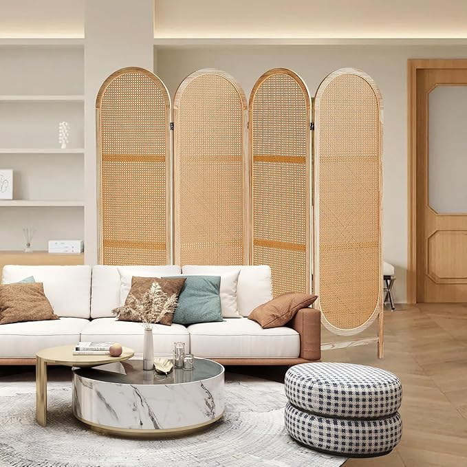 4 Panels Room Dividers Panel, Hand-Woven Rattan Room Divider Wall, Wood Room Divider and Folding Privacy Screens, Freestanding Room Partitions Screen for Home Office Bedroom, Light Brown