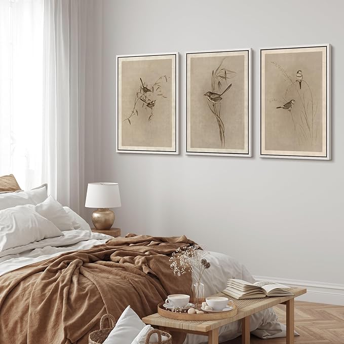 MUDECOR Framed Wall Art Print Set Vintage Bird Wheat Ear Illustrations Modern Art Boho Decorative Colorful Chic for Living Room, Bedroom, Office - 24"x36"x3 White