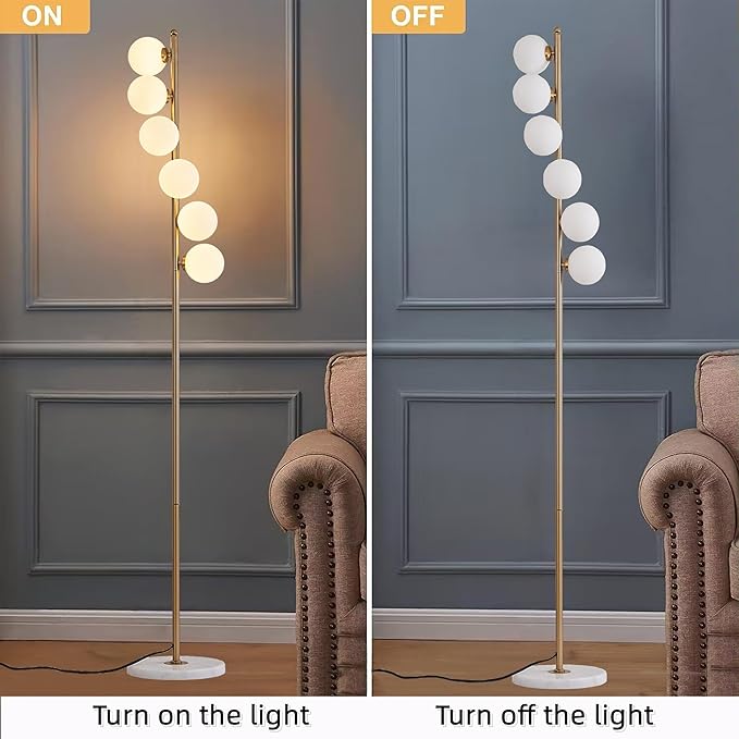 NKU Mid Century Floor Lamp Unique Glass lamp with Foot Switch, Modern Standing Tall Lamp for Living Room 3 Color Temperatures 6 Globe Floor Lighting for Bedroom Office（Gold）