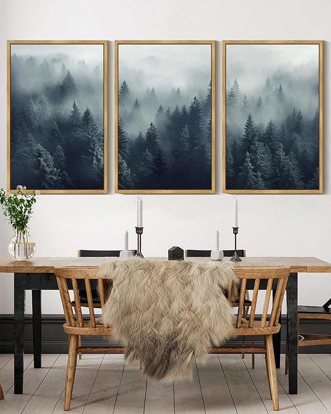 KUVIOKE Blue Fog Pine Tree Framed Wall Art Nature Nordic Forests Artwork Morden Painting Home Decor 16x24in (Natural Framed)