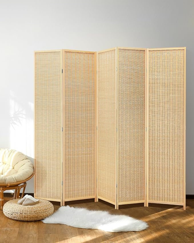 JOSTYLE Room Divider Folding Privacy Screen, 5 Panel Room Dividers 6 ft. Tall Bamboo Partition Wall Separation Dividers Freestanding, 99" W * 70.9" H