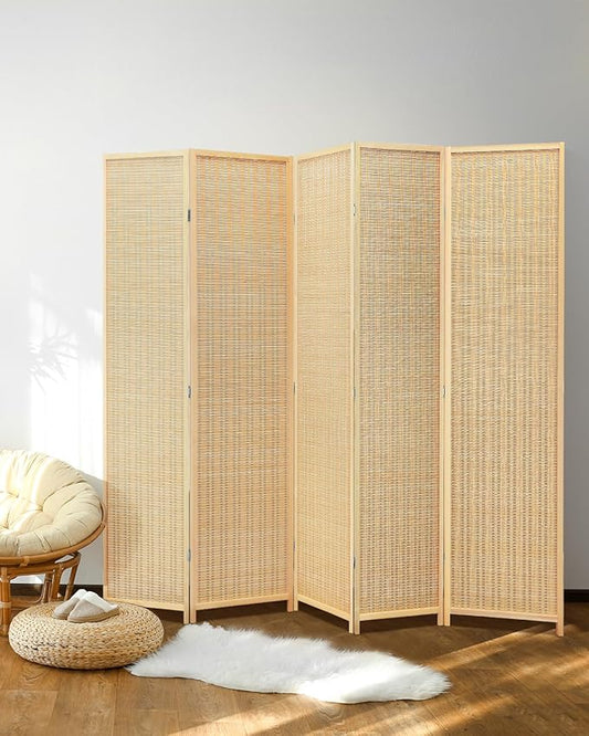 JOSTYLE Room Divider Folding Privacy Screen, 5 Panel Room Dividers 6 ft. Tall Bamboo Partition Wall Separation Dividers Freestanding, 99" W * 70.9" H
