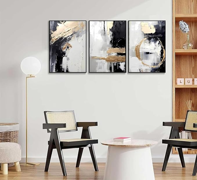 3pcs Black Gold Canvas Wall Art Abstract Geometric Textured Posters Prints Pictures Paintings with Faux Stucco Finish Modern Beige Minimalist Wall Decor for Living Room Bedroom Bathroom Unframed