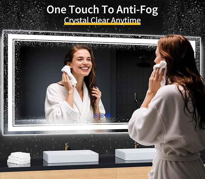 72"x32" LED Bathroom Mirror with Anti-Fog, Stepless Dimmable Lights, 3 Color Modes, Shatter-Proof Tempered Glass, Memory Function & Waterproof Design