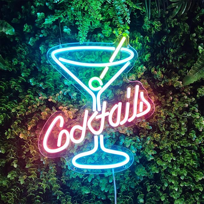 Cocktail Neon Sign, 11" x 13.7" Multicolor Acrylic Wall Mount, Tabletop, Hanging Chain LED Sign for Home Bar Decor