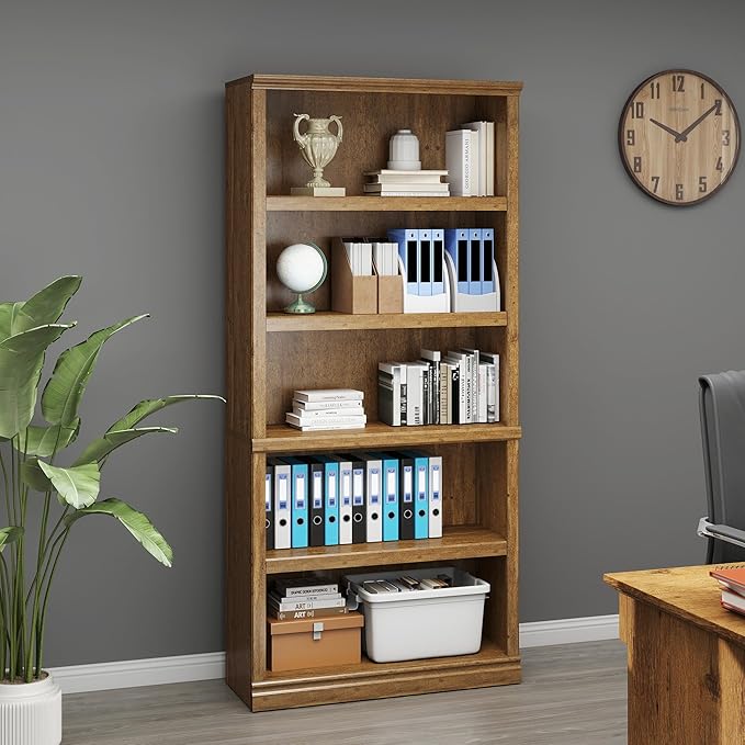 70 in Tall Bookcase, White Bookshelf Open Storage 5-Tier Shelves, 33 inch Wide Floor Standing Indoor Furniture, Book Cases for Home School Library Office Bedroom Kids, Vintage Oak 5 Tiers