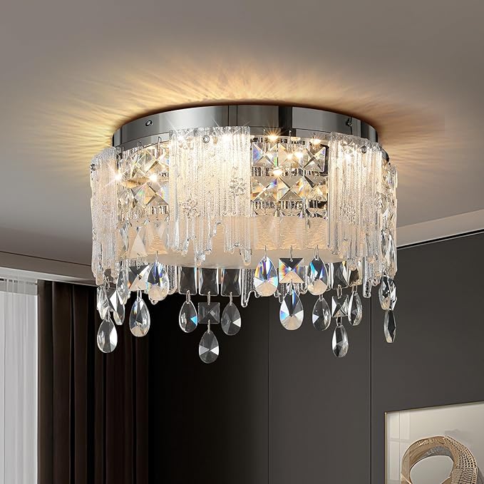 Modern Crystal Chandelier Chrome Round Semi Flush Mount Ceiling Light Fixture,Dimmable LED Close to Ceiling Light for Living Room, Bedroom, Hallway, Dining Room, Hallway Entryway Kitchen