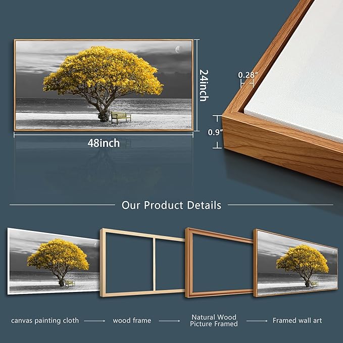 MHARTK66 Wood Framed Wall Decor For Living Room Large Canvas Wall Art For Office Bedroom Decoration Art Black And White Scenery Wall Painting Yellow Trees View Picture Hotel Room Home Artwork