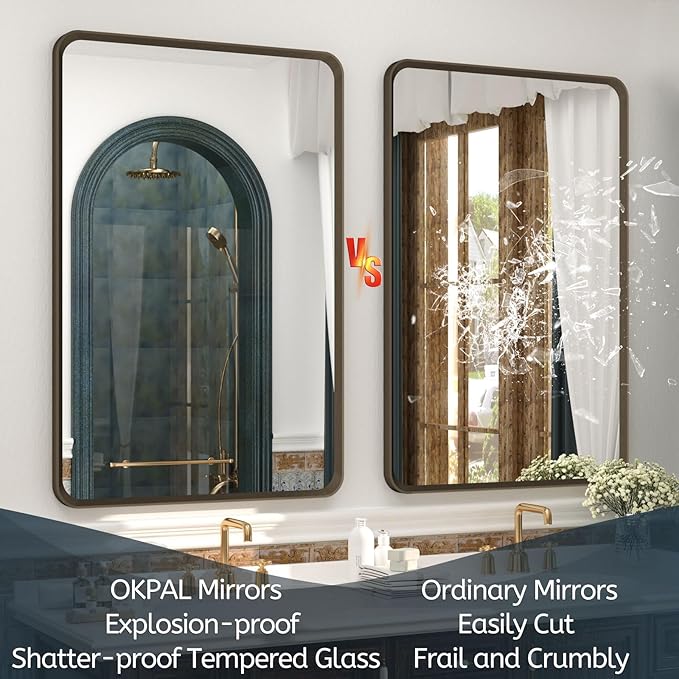 OKPAL 44x36 Bronze Bathroom Vanity Mirror, Brushed Metal Framed Bathroom Mirror, Rounded Bronze Rectangle Mirror for Farmhouse, Bedroom, Anti-Rust (Horizontal/Vertical)