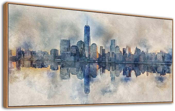 arteWOODS Framed Canvas Wall Art - Abstract New York City Painting Wall Decor Indigo Blue Gray Panoramic Art Print Skyline Reflection Pictures Artwork City Landscape Living Room Bedroom 29" x 58"