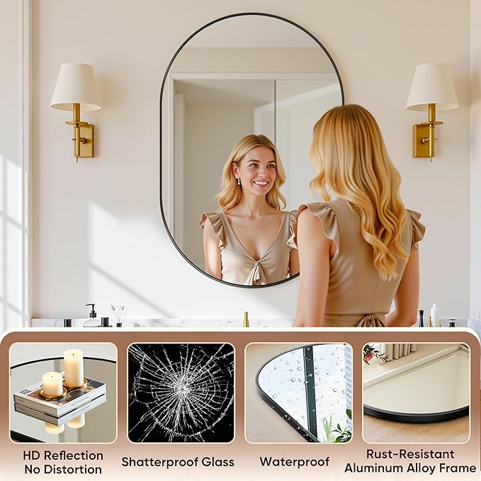 Antok Wall Mirror, 24"x36" Bathroom Vanity Mirror, Anti-Rust HD Tempered Glass, Wall Mounted Mirrors for Living Room, Entryway, Black Frame, Oval