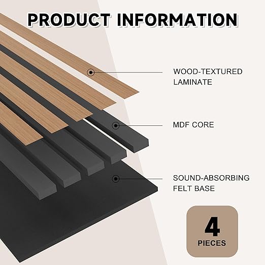 4 Pack Wood Slat Wall Wood Paneling,95 x 8 in Soundpoof Wooden Engineered Wooden Slat Wall Panels,Stylish Acoustic Wall Panels for Interior Walls Decor with Felt Backing,Light Brown